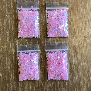28# 29# 157# and 158# Pastel open star, heart, plum flower glitter 1tsp (set of 4 one each)